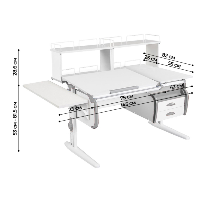 Характеристики Парта Дэми СУТ-25-05Д2 120 см раздельная с тумбой с приставкой и надстройками